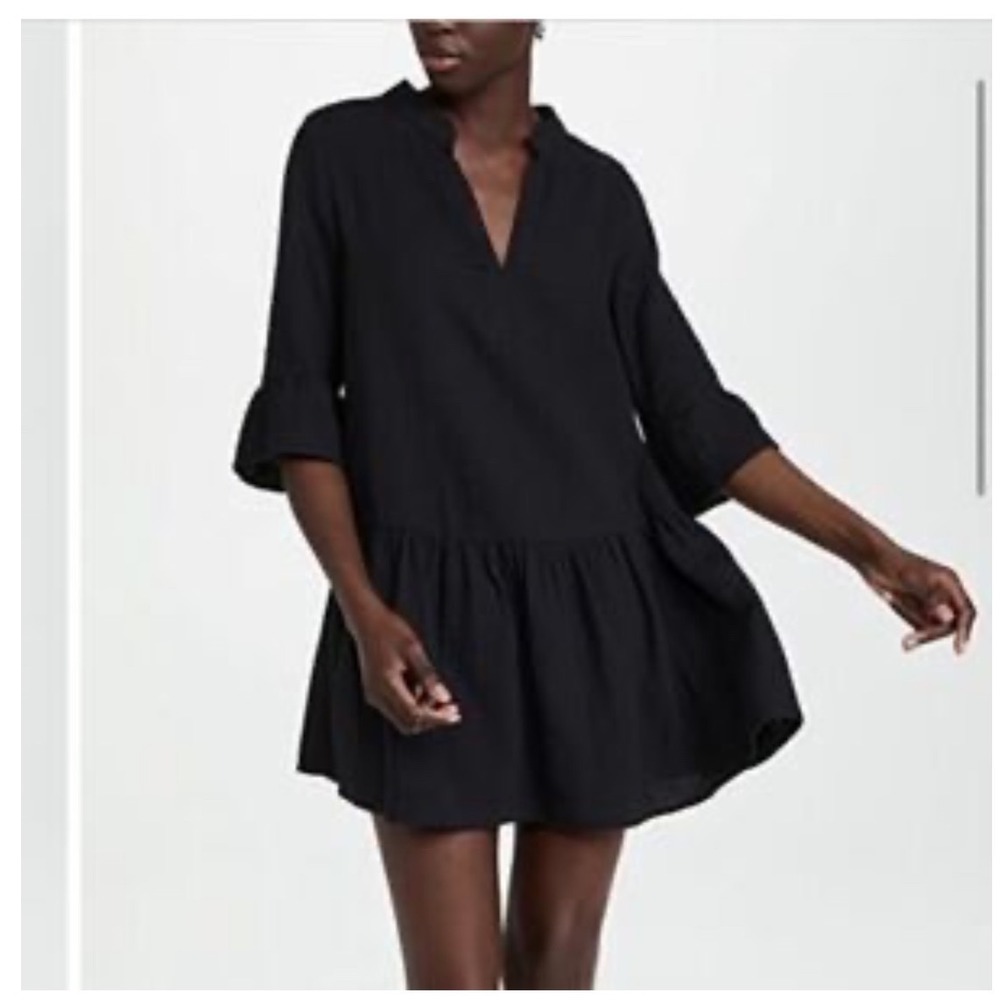 Monrow Black Double Gauze Cotton Tiered Mini Dress Split Neck  Womens L